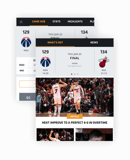 Composite Image of Miami Heat Mobile App: Home screen and Game Hub screens